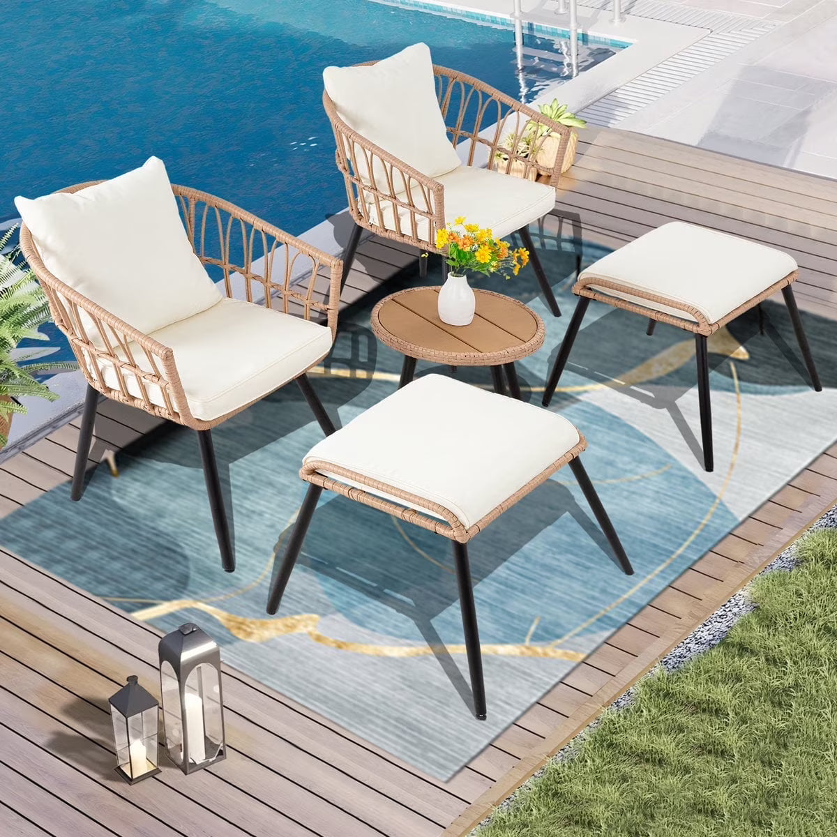 Ainfox 3-Piece Steel Outdoor Bistro Sets with Metal Chairs and Glass Top Table, Beige