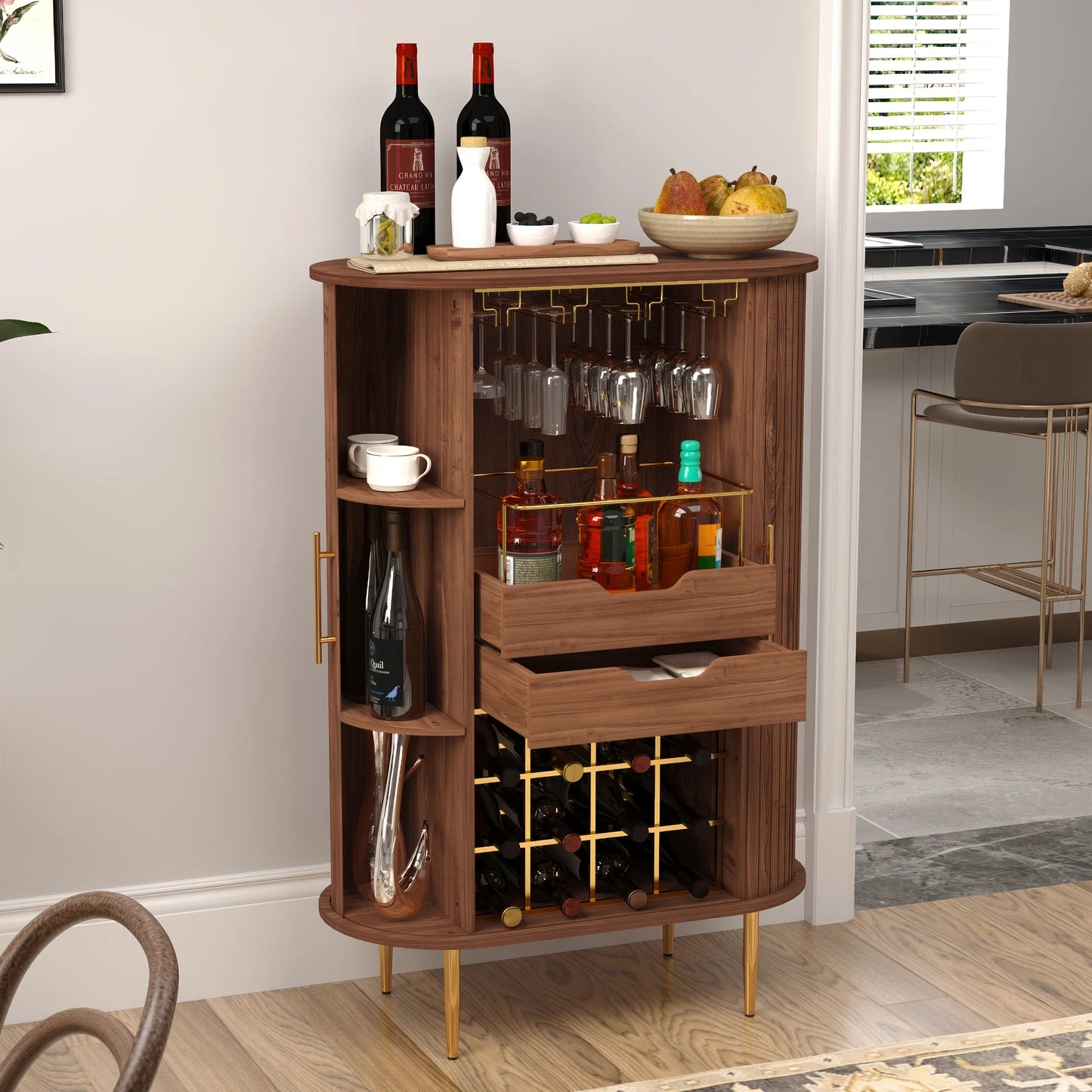 HLR Coffee Bar Cabinet with Tambour Door: Wine Rack, Glass Holder, & Storage Buffet for Home & Living Room Brown