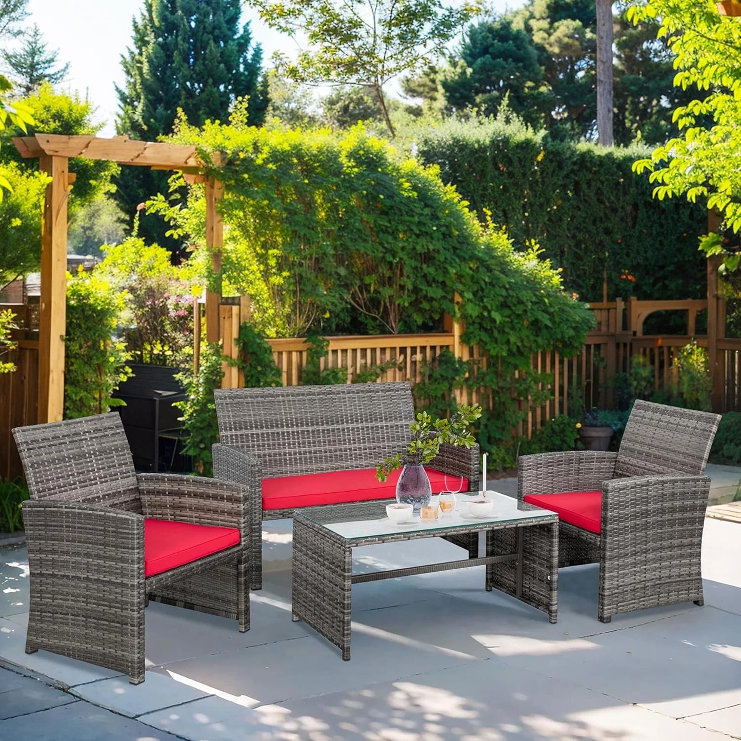 4-Piece Outdoor Gray Wicker Patio Conversation Furniture Set, Rattan Patio Furniture Set with Weather Resistant Cushions and Tempered Glass Tabletop,Red