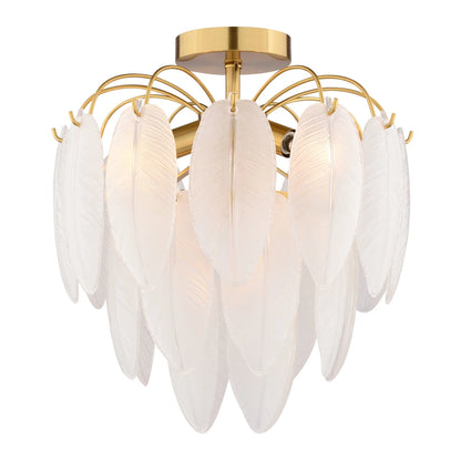 Burbank 4-Light 13.5 in. Wide Muted Gold Brass Traditional Waterfall Semi Flush Mount Lighting Fixture, White Frosted Leaf Glass Shade, Dimmable LED Compatible for Low Ceilings