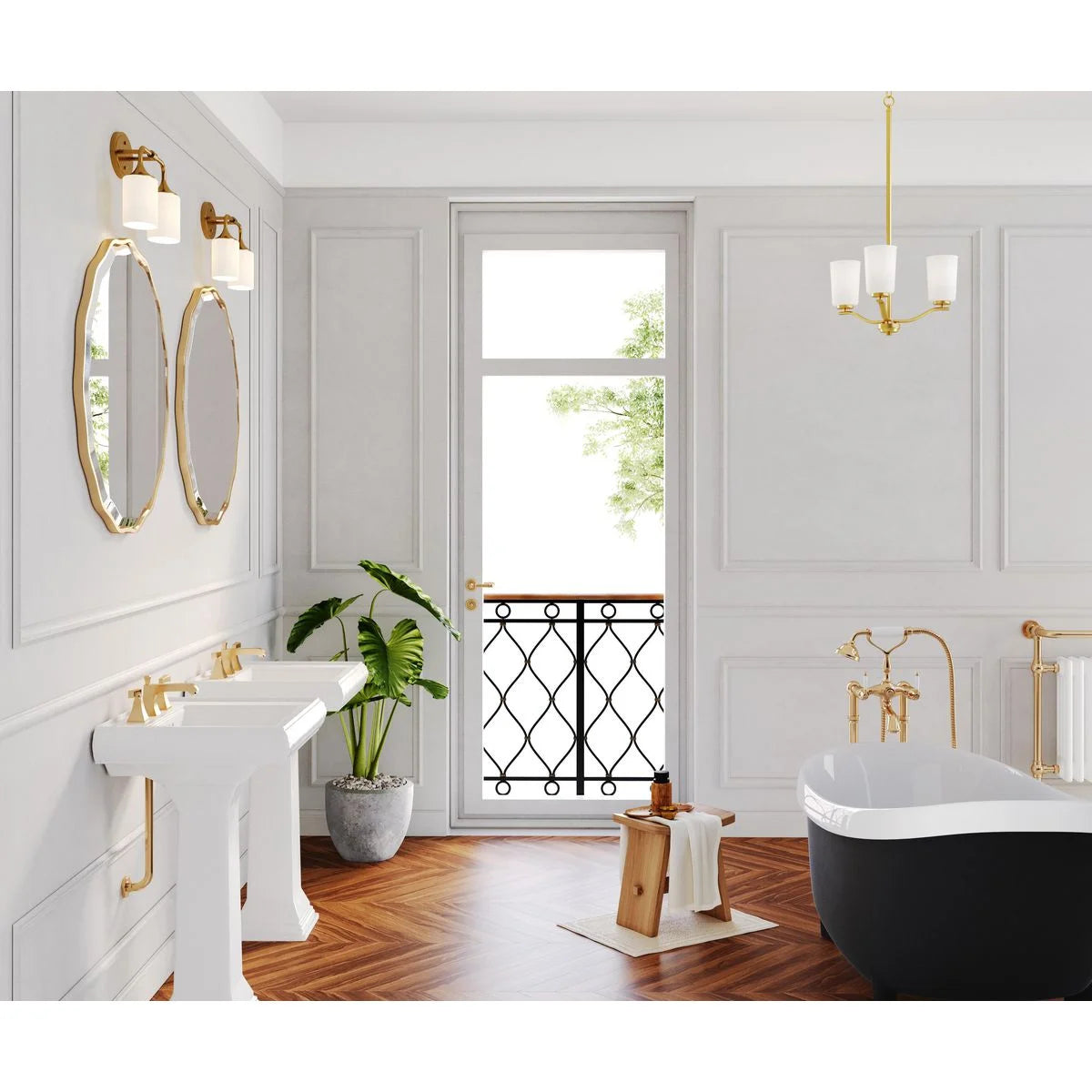 Adley Collection Three-Light Satin Brass Etched White Glass New Traditional Semi-Flush Convertible Light