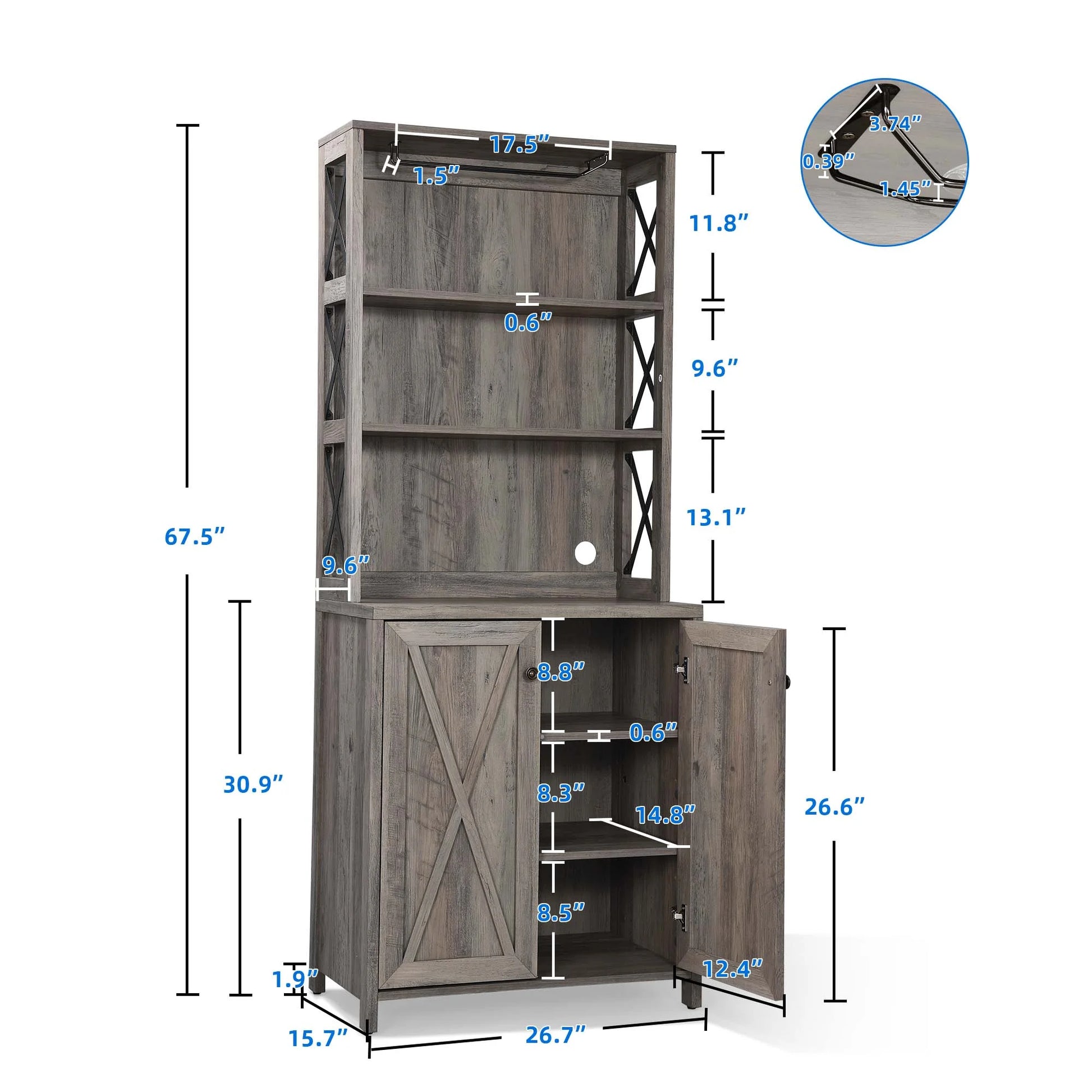DEXTRUS 67" Tall Kitchen Pantry Cabinet with Glass Hanging Rack, Liquor Storage, Home Wine Bar, Gray