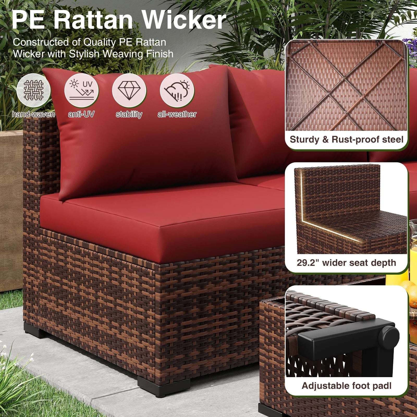 ELPOSUN 7 Pieces Patio Furniture Set All Weather Outdoor Sectional Sofa, Outdoor Modern Sectional Furniture Wicker Couch with Glass Coffee Table, Thicken Red Cushions, Water Resistant