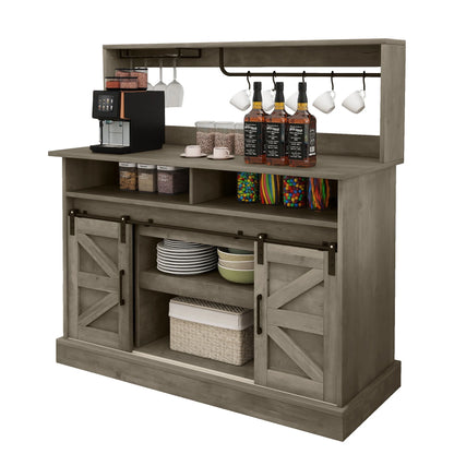 Uforic 52" Farmhouse Coffee Bar Cabinet, Barn Door, Wine Glass Rack, USB Ports & Hooks, Washed Gray