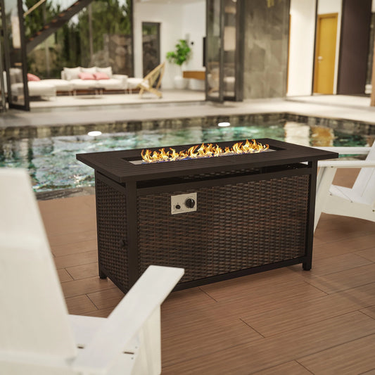 Flash Furniture Olympia 45" x 25" Outdoor Propane Gas 50,000 BTU Fire Pit Table with Stainless Steel Tabletop, Lid, Glass Beads, Wicker Base-Espresso/Black