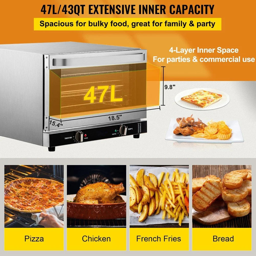 Choco Moon ETL 1600W Compact Convection Oven 47L/43Qt Countertop Half-Size 4-Tier Toaster Glass Door Electric Baking Trays Racks Gloves Inc 120V Commercial Use