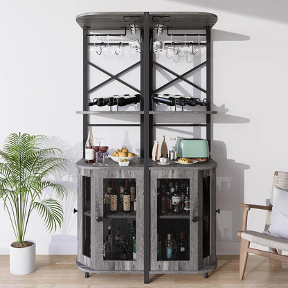 Frmobepts 6 Tier Corner Bar Cabinet with Glass Holder, Storage Cabinet with Door and Shelves , Corner Shelf with Wine Rack Display Shelves,Grey