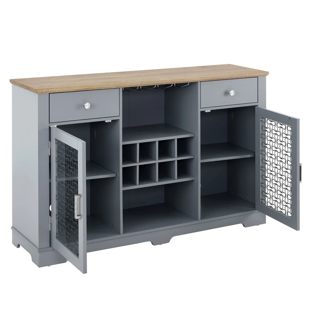 Tcbosik Farmhouse Buffet Cabinet, 56.4" Sideboard Cabinet w/2 Drawers and 2 Glass Doors, Coffee Bar Cabinet with Glass Cup Holder and 8-Slot Wine Rack for Dining Room Living Room, Light Blue