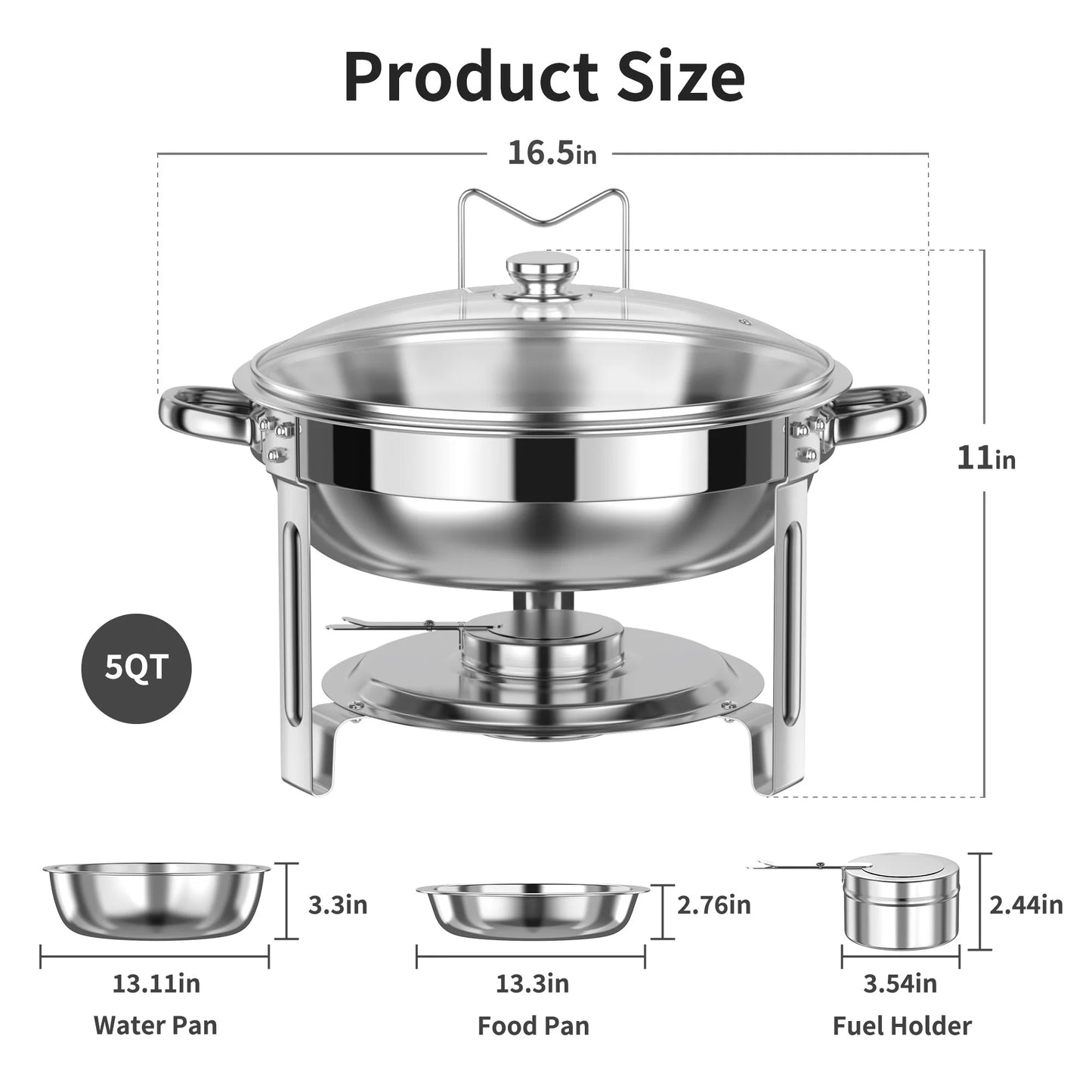 Chafing Dish Buffet Set 4 Pack: TINANA 5QT Stainless Steel Chafing Dishes with Glass Lid & Lid Holder, Round Food Warmers for Parties, Events, Wedding-Gold