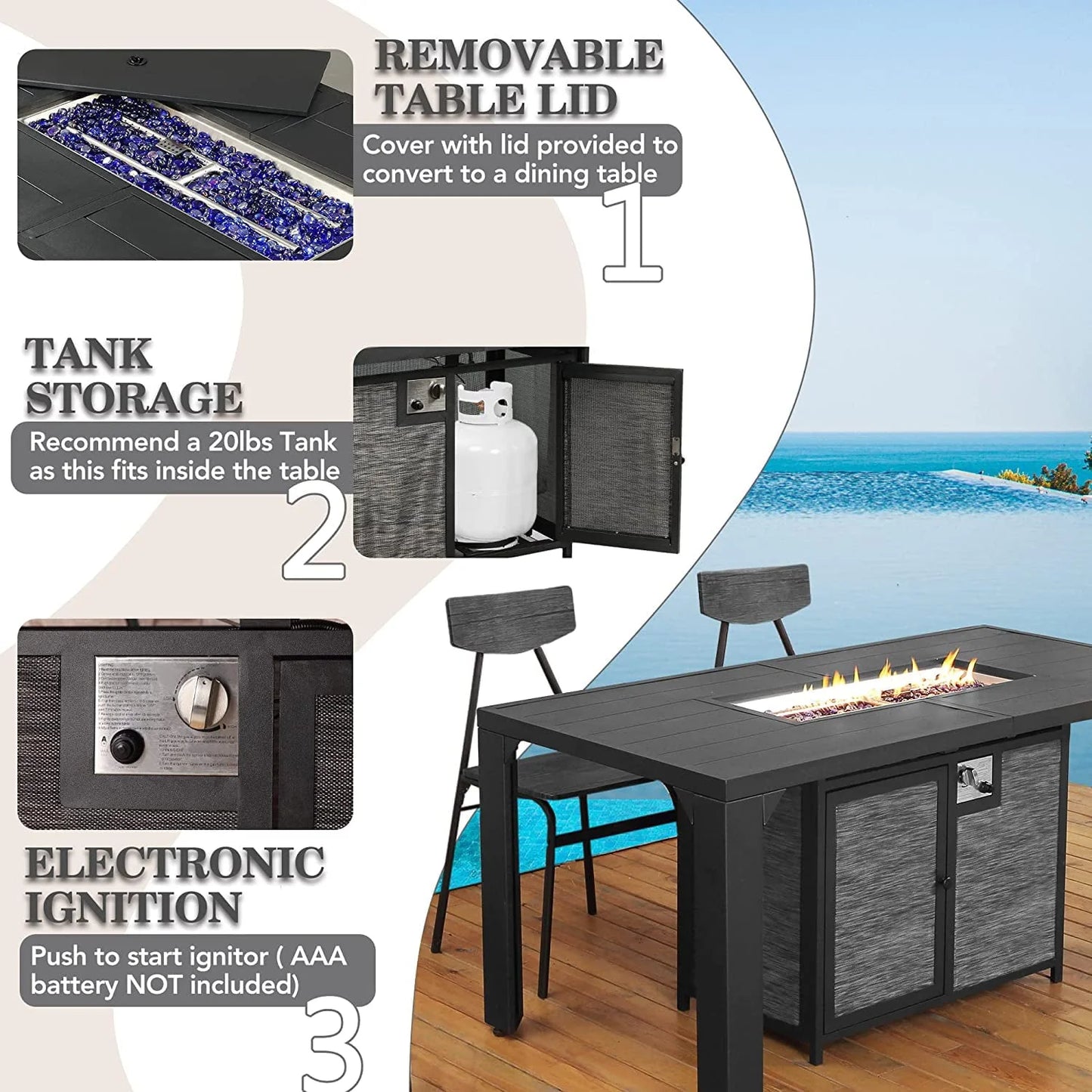 PIZZELLO Outdoor Rectangular Patio Fire Dining Table 62.5" for 6 with Fire Glass Bead, Black