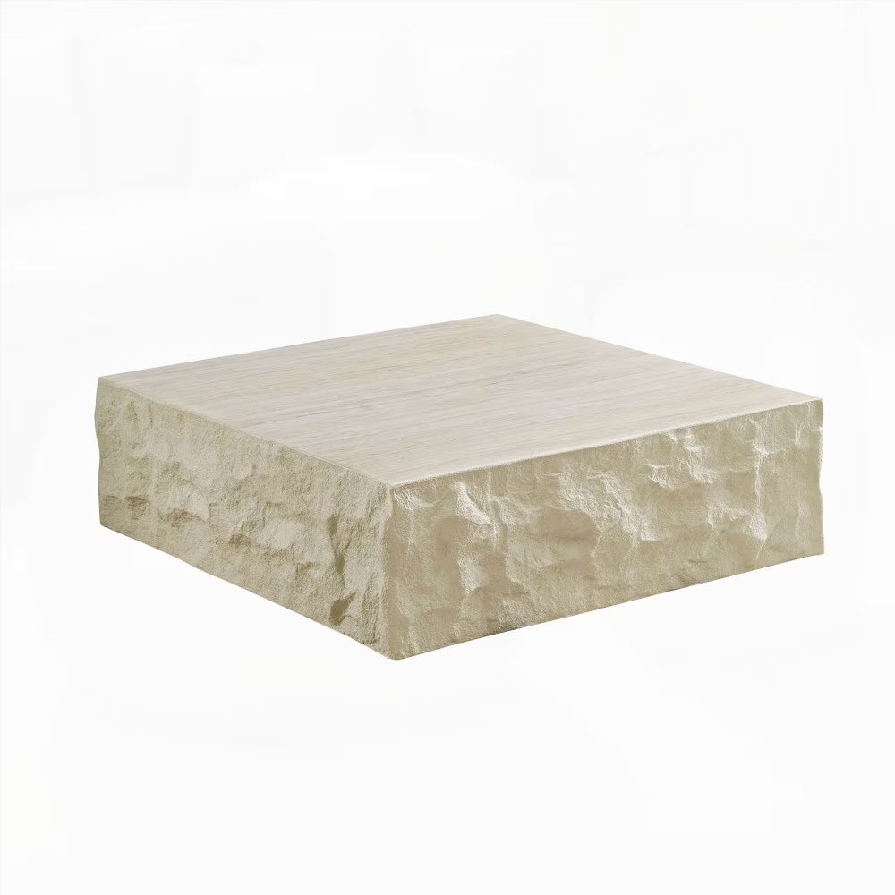 Fiberglass Square Coffee Table for Living Room, Imitation Stone Tabletop, No Assembly