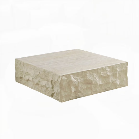 Fiberglass Square Coffee Table for Living Room, Imitation Stone Tabletop, No Assembly