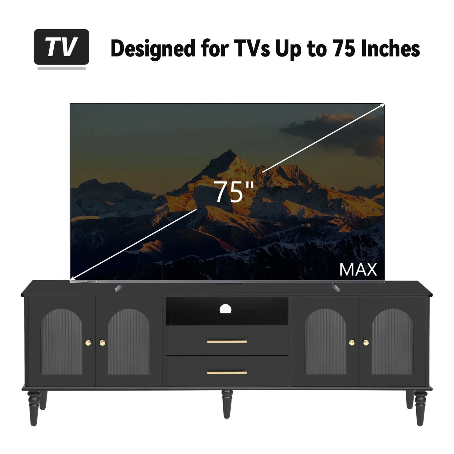Harper & Bright Designs TV Stand with Fluted Glass Doors for 75 inch TV, TV Storage Cabinet Table with Drawers, Wood Media Console Table with Solid Wood Legs for Living Room, White