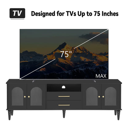 Harper & Bright Designs TV Stand with Fluted Glass Doors for 75 inch TV, TV Storage Cabinet Table with Drawers, Wood Media Console Table with Solid Wood Legs for Living Room, White
