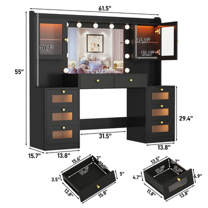 Blotout 62'' Large Vanity Desk with 2 RGB Glass Cabinets, Power Outlet, Glass Top, 11 LED Bulbs, 6 Translucent Drawers, 3 Lights Mode LED Mirror, Bedroom Makeup Vanity for Women, Girls