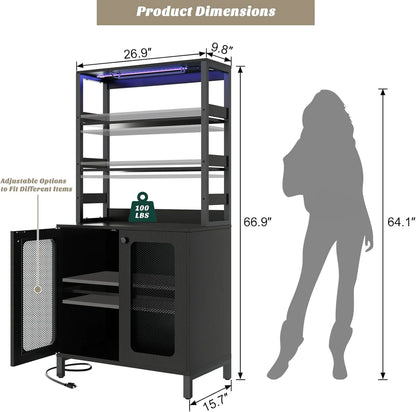 Homieasy Bar Cabinet with Power Outlets, 67" Tall Wine Cabinet Liquor Cabinet with LED Lights and Glass Holder, Coffee Bar Station for Kitchen, Dining Room, Living Room, Black