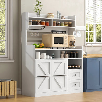 Winkalon Farmhouse Coffee Bar with LED Lights, 41.3 inch Coffee Bar Cabinet with Storage, Wine Bar Cabinet with Wine and Glass Rack for Living, Dining Room, White
