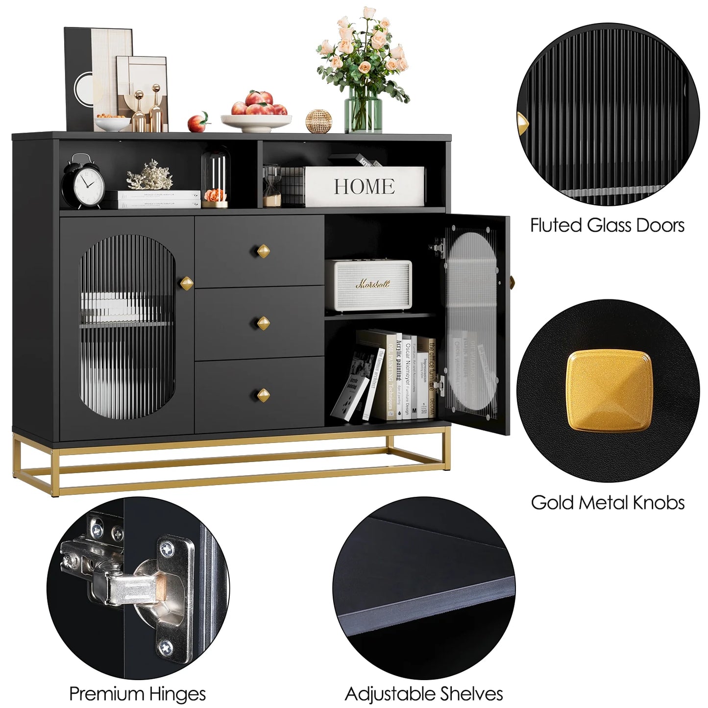 Homfa Sideboard Buffet, 3 Drawers Accent Cabinet with Open Shelf & Glass Doors, Black