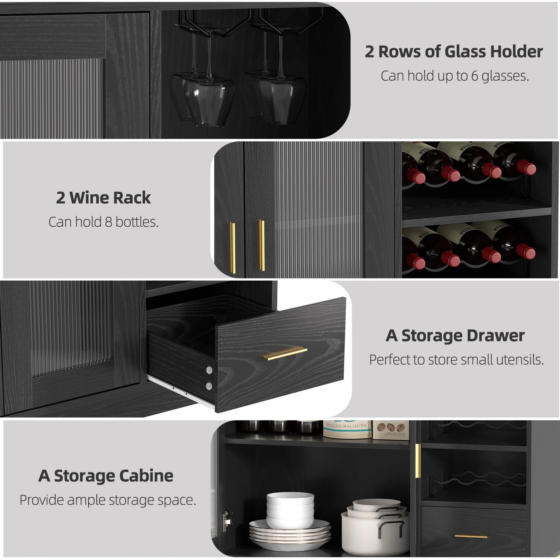 SNYNUXX Wine Bar Cabinet with LED Lights, Floating Coffee Bar Cabinet with Wine and Glass Rack, Kitchen Buffet Sideboard with Glass Doors and Drawers for Dining Room, Black