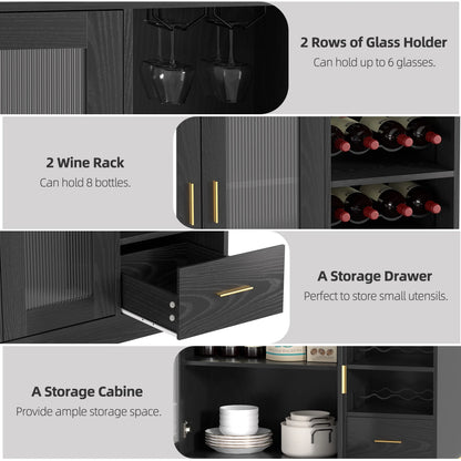 SNYNUXX Wine Bar Cabinet with LED Lights, Floating Coffee Bar Cabinet with Wine and Glass Rack, Kitchen Buffet Sideboard with Glass Doors and Drawers for Dining Room, Black
