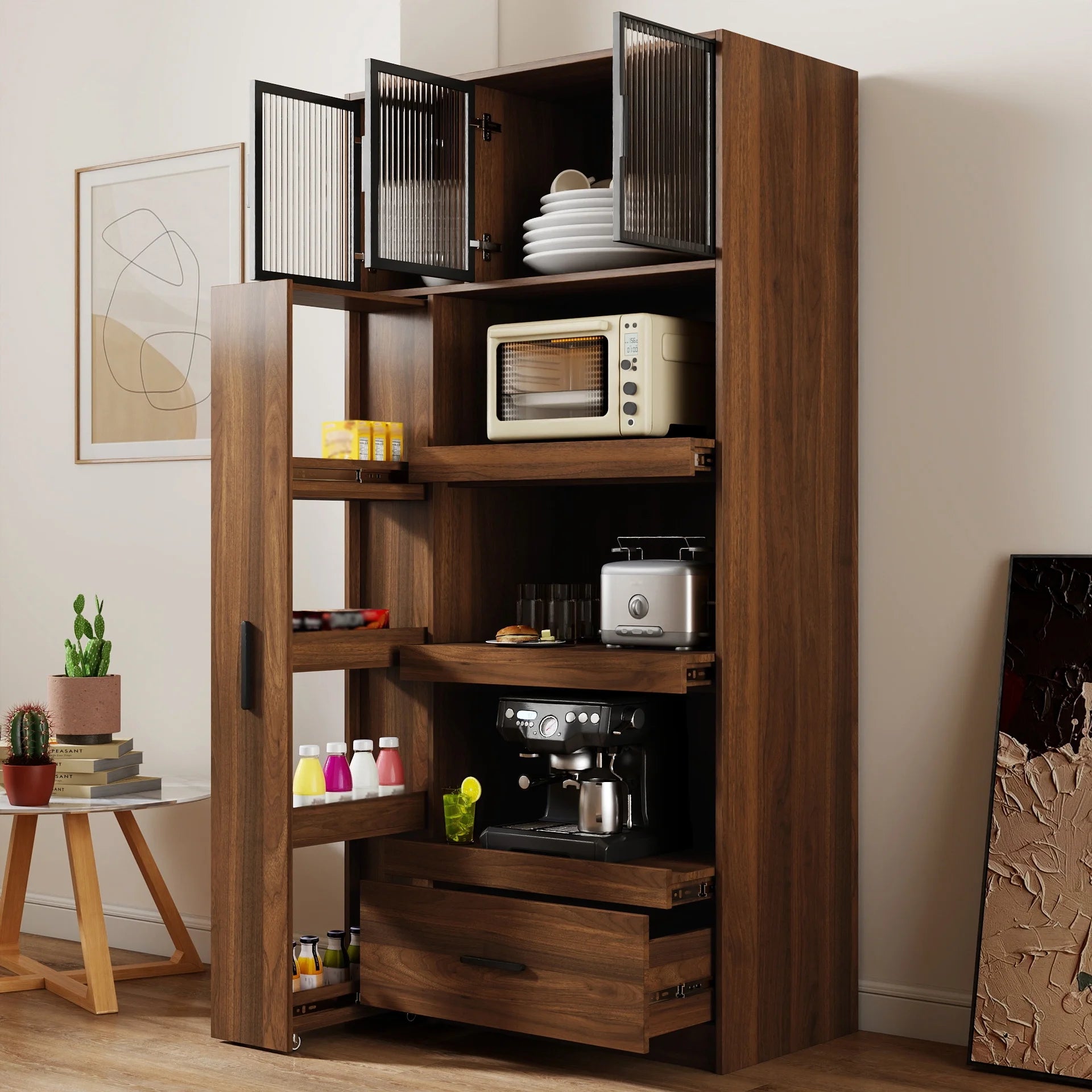 Kitchen Pantry Cabinet w/4-Tier Storage Cart, 2 Drawers & 2 Glass Doors, Tall Storage Cabinet w/Shelves