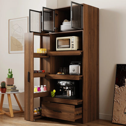 Kitchen Pantry Cabinet w/4-Tier Storage Cart, 2 Drawers & 2 Glass Doors, Tall Storage Cabinet w/Shelves
