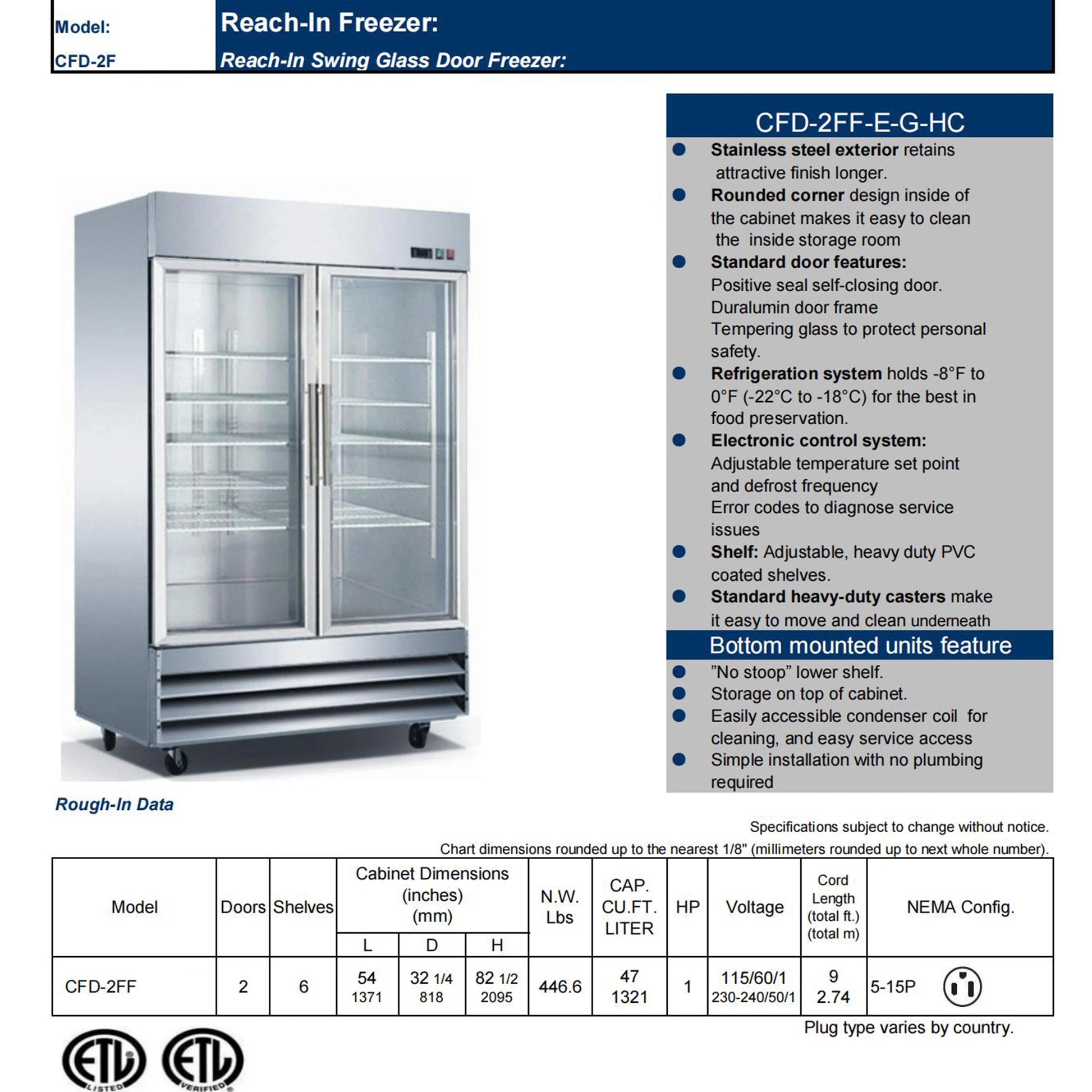 54 in. Commercial Freezer, Upright Reach-In Freezer 47 Cu.Ft. Stainless Steel, Auto-Defrost 2-Glass Door Freezer, NSF ETL