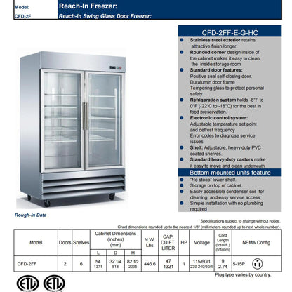54 in. Commercial Freezer, Upright Reach-In Freezer 47 Cu.Ft. Stainless Steel, Auto-Defrost 2-Glass Door Freezer, NSF ETL