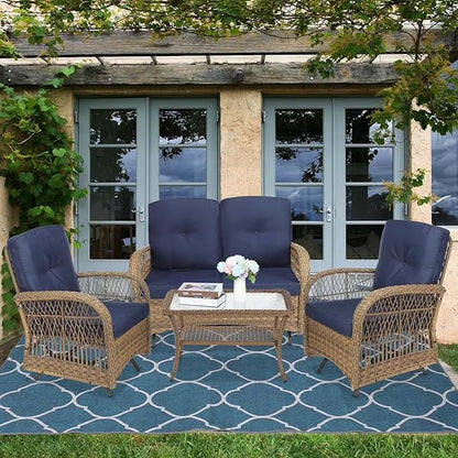 SOCIALCOMFY 4-Piece Wicker Patio Furniture Sets Outdoor All-Weather Rattan Conversation Set Includes Glider Loveseat, Glass-Top Coffee Table, 2 Glider Rocker Chairs with Thickened Cushions