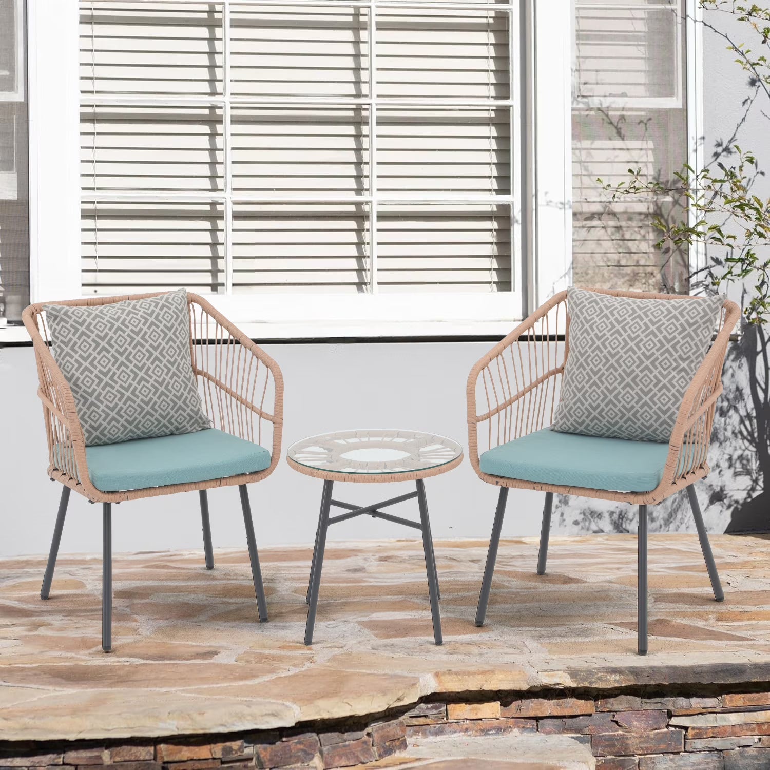 Patio Furniture Set, Betcozy3 Pieces Outdoor Chairs Set with Glass Coffee Table for Garden, Bistro, Porch, Balcony, Backyard