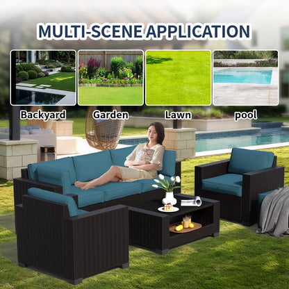 SHGJ& SOFT 7 Piece Patio Furniture Set, Wicker Outdoor Sectional Sofa with Washable Cushion Covers and Tempered Glass Table, Rattan Conversation Set for Poolside, Lawn, Balcony