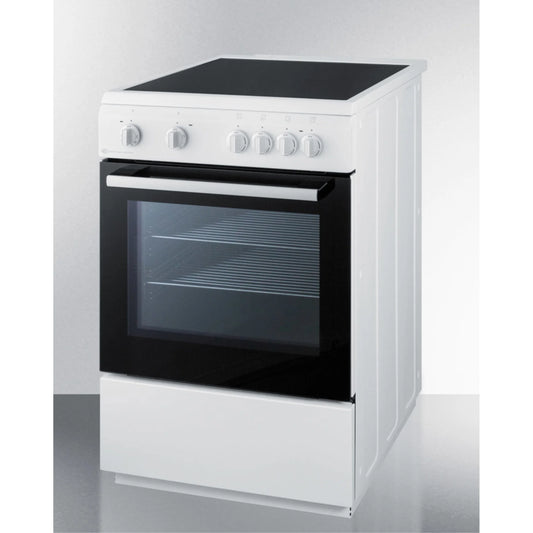 24" wide smooth top electric range in slide-in style and white finish, with storage drawer and large oven window in black glass