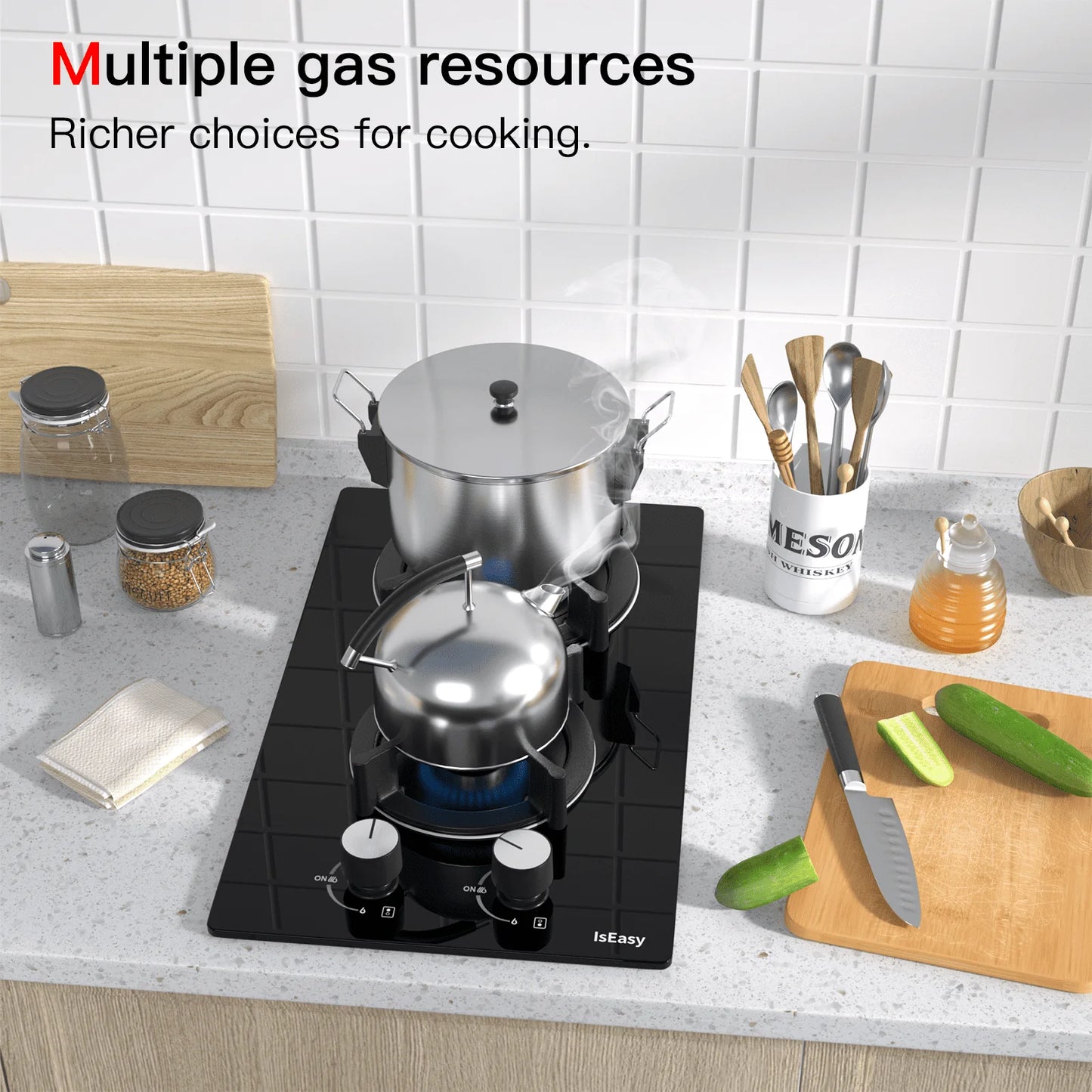 IsEasy Tempered Glass Gas Cooktop, 12” 2 Burners 120V Built-in Gas Hob Suitable For Dual Fuel LPG/NG, Thermocouple Protection