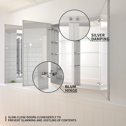 Taimei 48" W x 36" H x 4°?D Aluminum Medicine Cabinet with Three(3) Frameless Beveled Mirror Doors, Interior Mirrors,Color Satin, Adjustable 3 Glass Shelves, Soft Closure. By: FOCA US