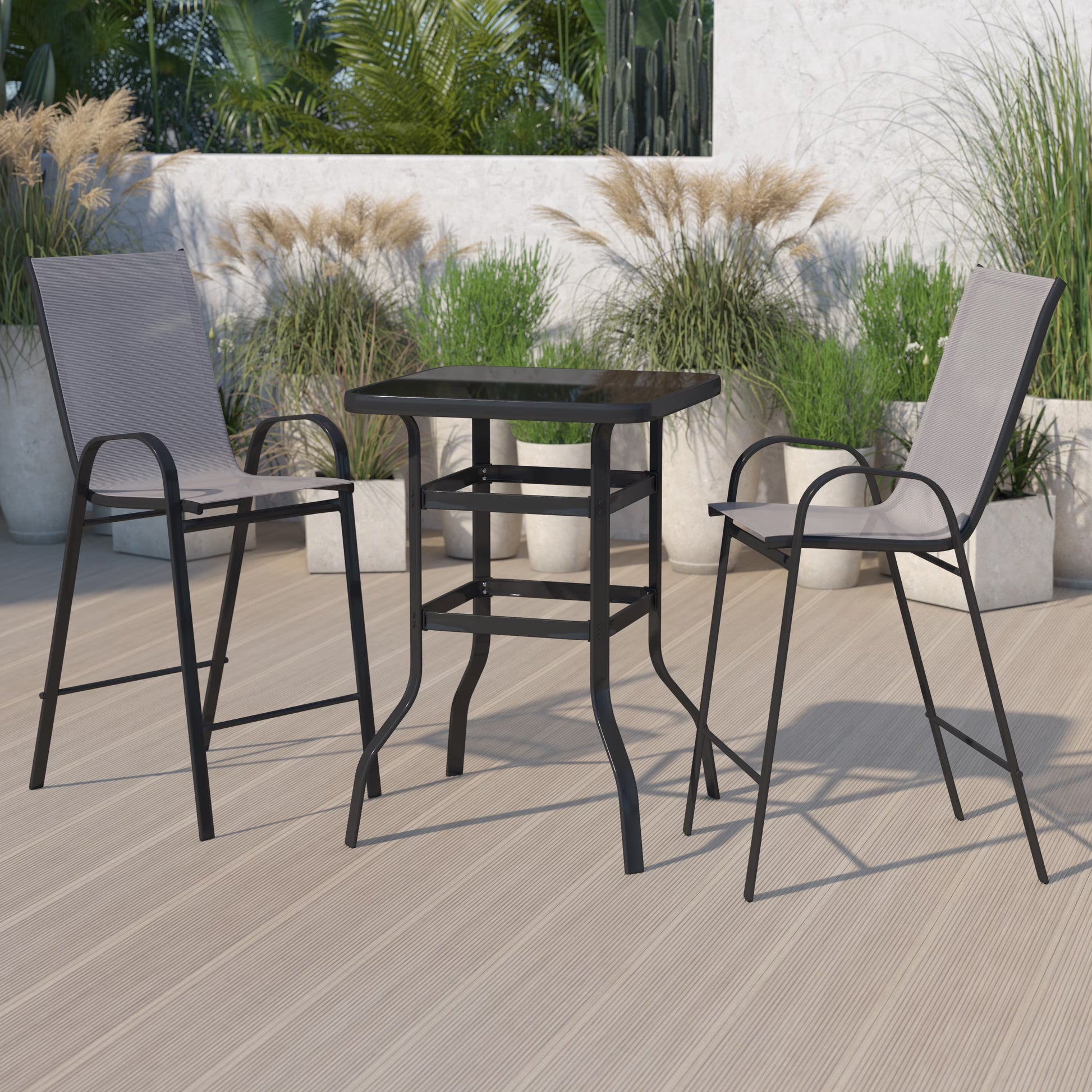Emma + Oliver 3 Piece Outdoor Bar Height Set-Glass Patio Bar Table-Black All-Weather Barstools
