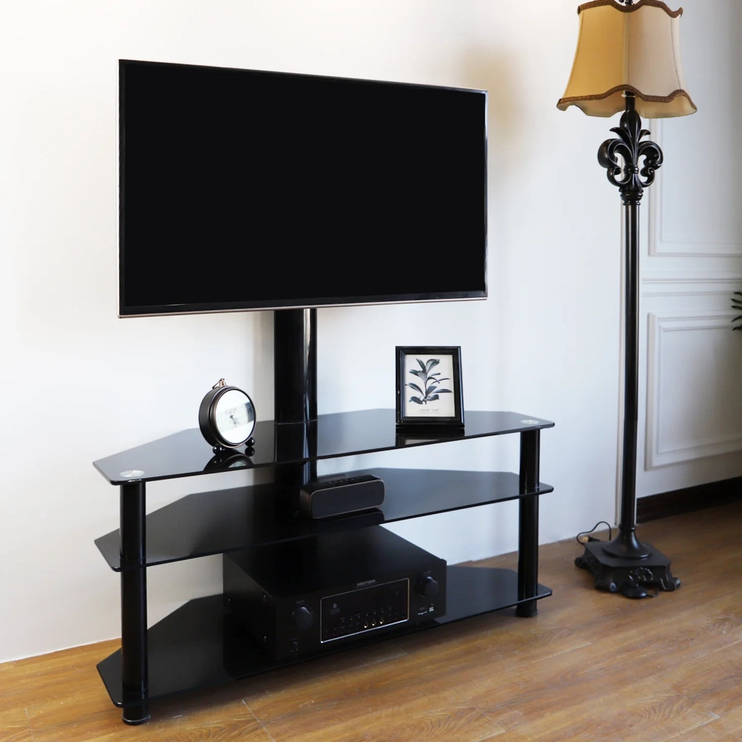 RTVR Modern 3 in 1 TV Stand with Mount for Flat Screens up to 65 inch, Black Glass Corner TV Stand for Bedroom