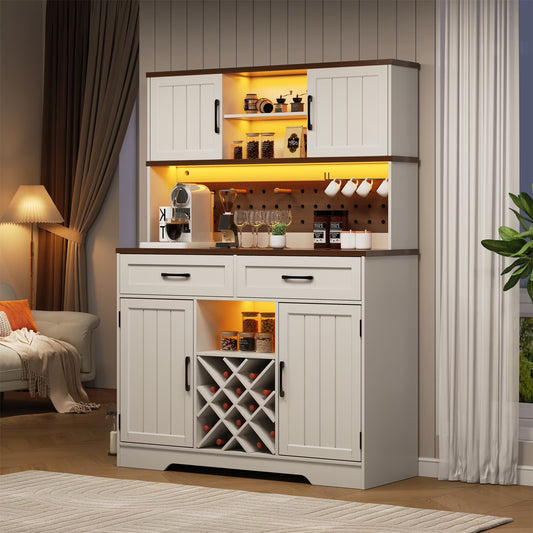 LAFGUR 72" Kitchen Storage Cabinet with Power Outlet & LED Light, Coffee Bar Cabinet with Drawers & Wine Glass Rack,Sideboard for Home,White