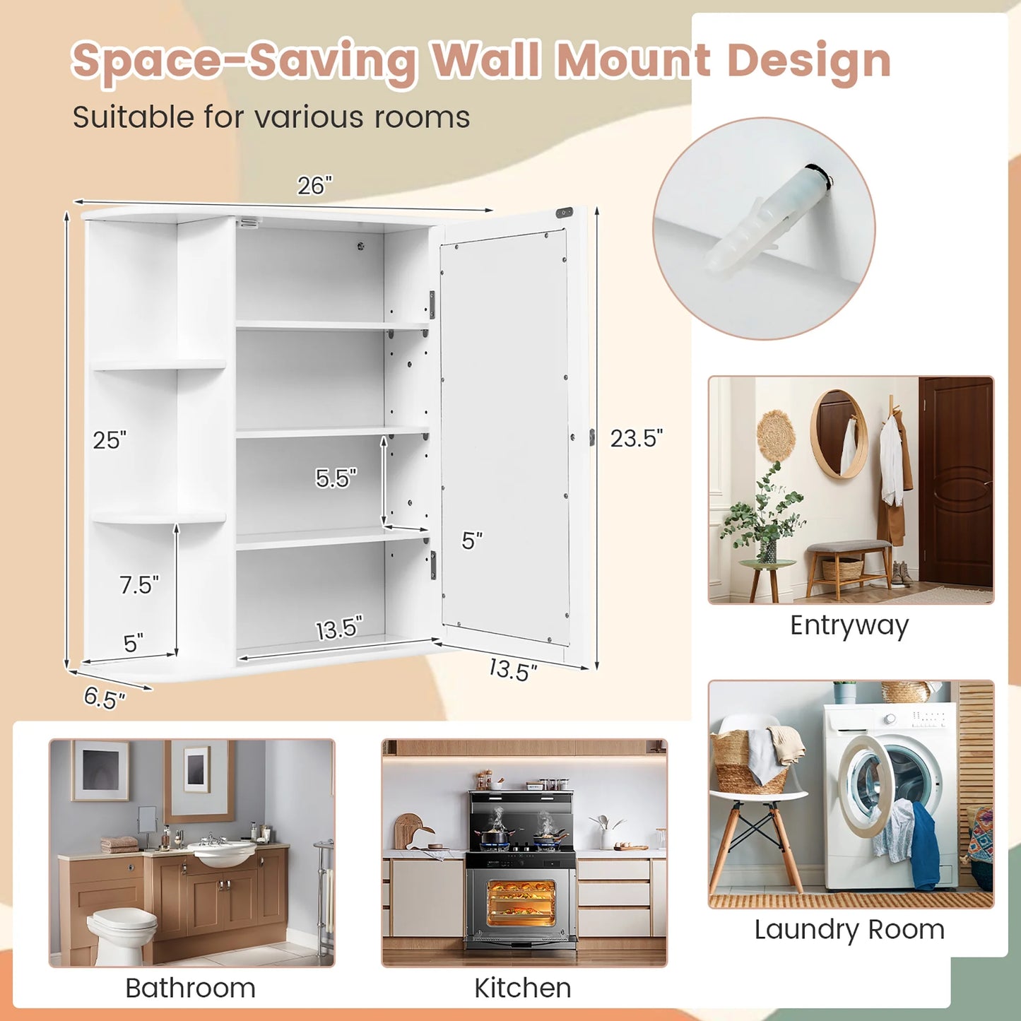 Costway, White, Medium Density Fiberboard, Multipurpose Mount Wall Surface Cabinet Mirror Glass, 26.00 x 6.50 x 23.50 Inches