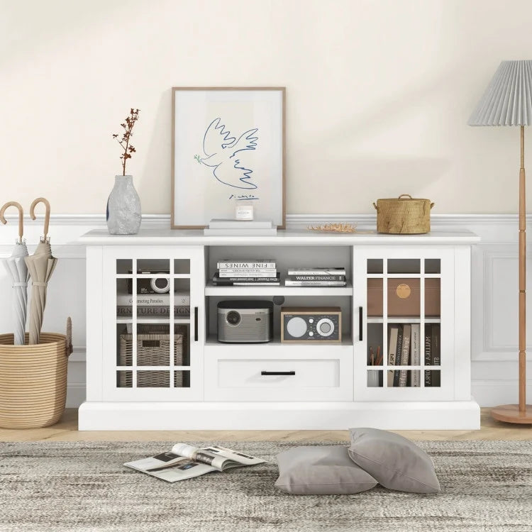 TV Stand for TVs up to 70 with Glass Doors Cubbies and Drawer