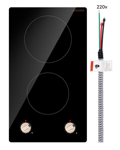 KFFKFF 2 Burner Built-in Electric Cooktop, 3500W Electric Ranges with 12 Heat Levels, Glass Top, Automatic Power-Off, Regulated by Knobs