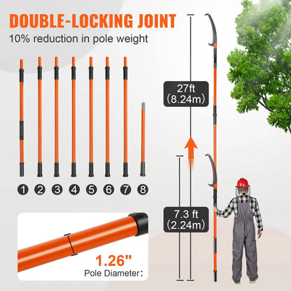 KFFKFF Manual Pole Saw Extendable Tree Pruner 7.3-27ft Fiberglass Pole Hook Knife