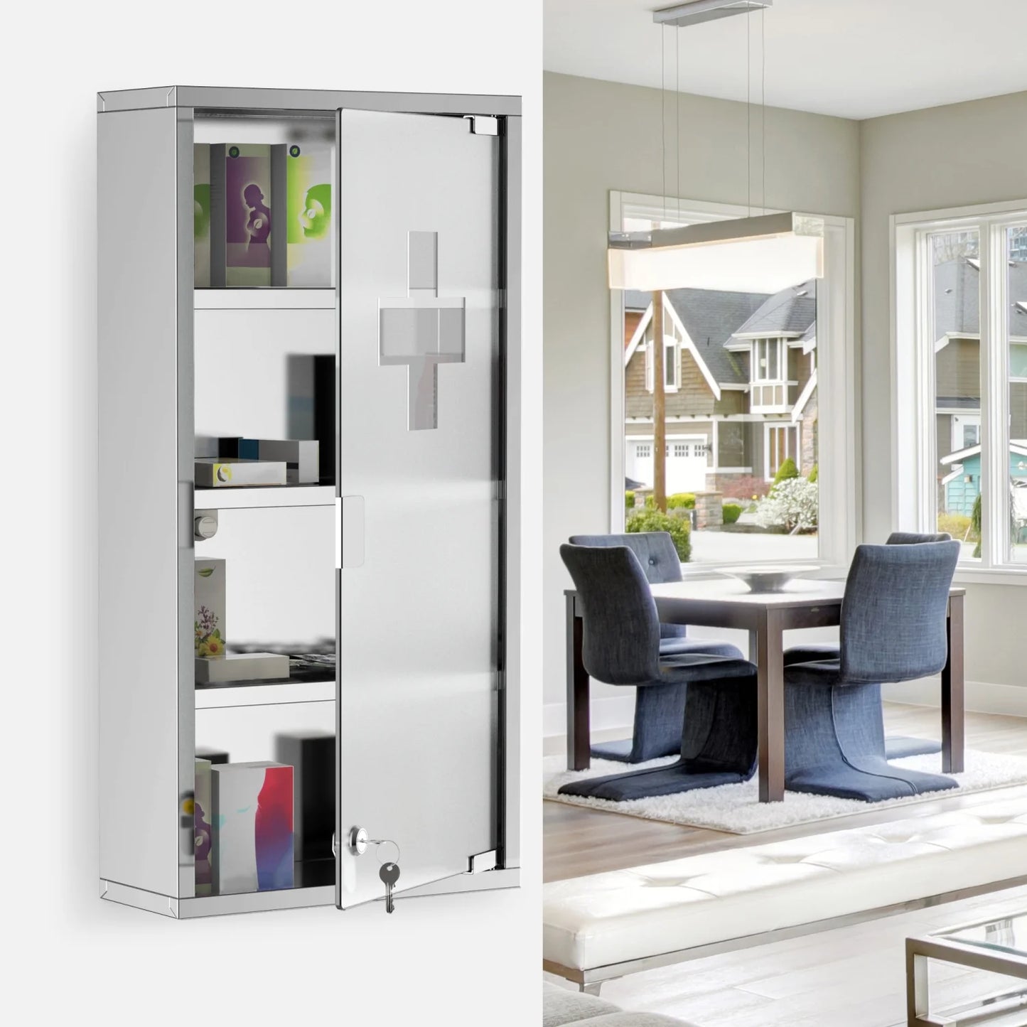 Wall Mounted Medicine Cabinet, with 4 Tier Shelves, Stainless Steel Frame and Glass Door