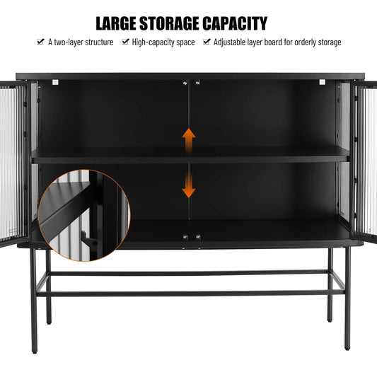 CoSoTower Double Tampered Glass Door Storage Cabinet with Adjustable Shelf and Feet Cold-Rolled Steel Tempered Glass Sideboard Furniture for Living Room Kitchen Black Color