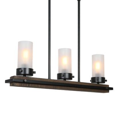 LNC Farmhouse Wood & Black 3-Light Linear Chandelier with Frosted Glass, Adjustable