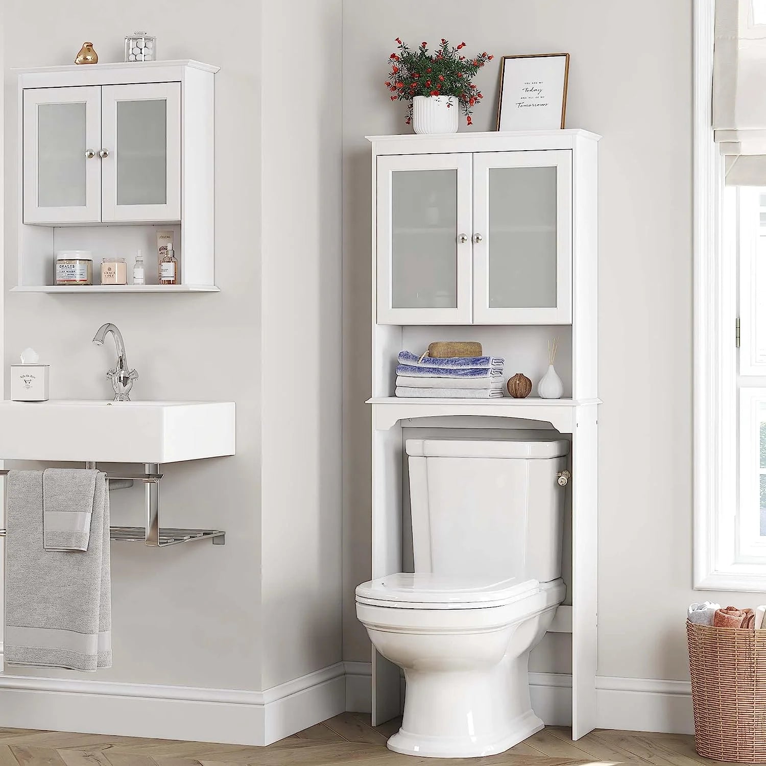 Spirich Over The Toilet Cabinet for Bathroom Storage, Above Toilet Storage Cabinet with Glass Doors, Over Toilet Storage Shelf Organizer, White