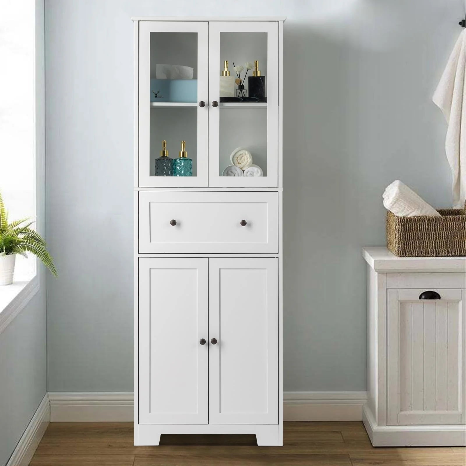 Ktaxon 64" Tall Bathroom Storage Cabinet Organizer, Freestanding Kitchen Pantry Cabinet Line Tower with 2 Glass Doors, Large Drawer & 4 Adjustable Shelves for Dining Room Living Room Home Office,White