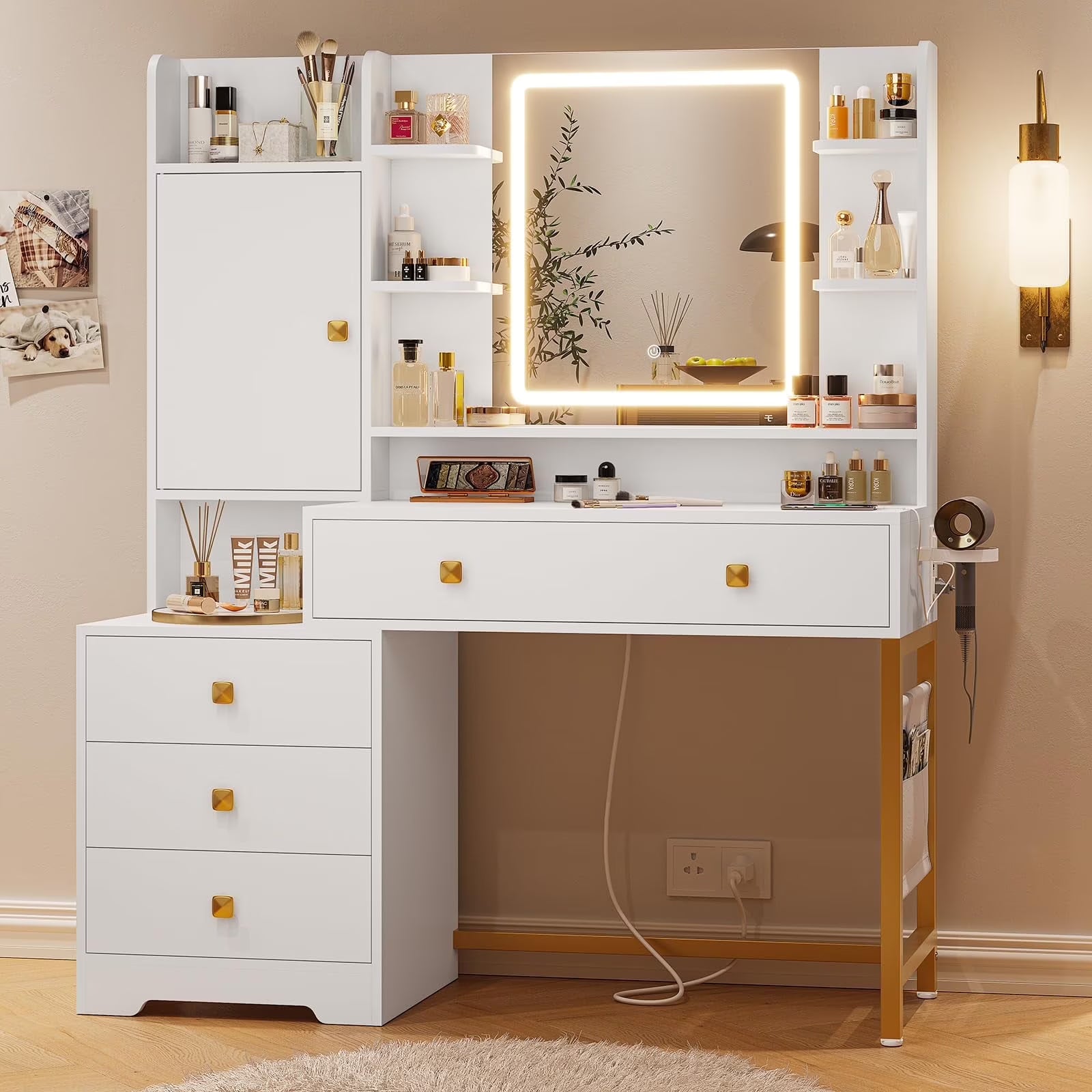 Makeup Vanity Desk with Lighted Mirror & Charging Stations & 6 Drawers Large Vanity Table Bedroom Dressing Table with Glass Tabletop& Side Cabinet& Glass Tabletop, Black