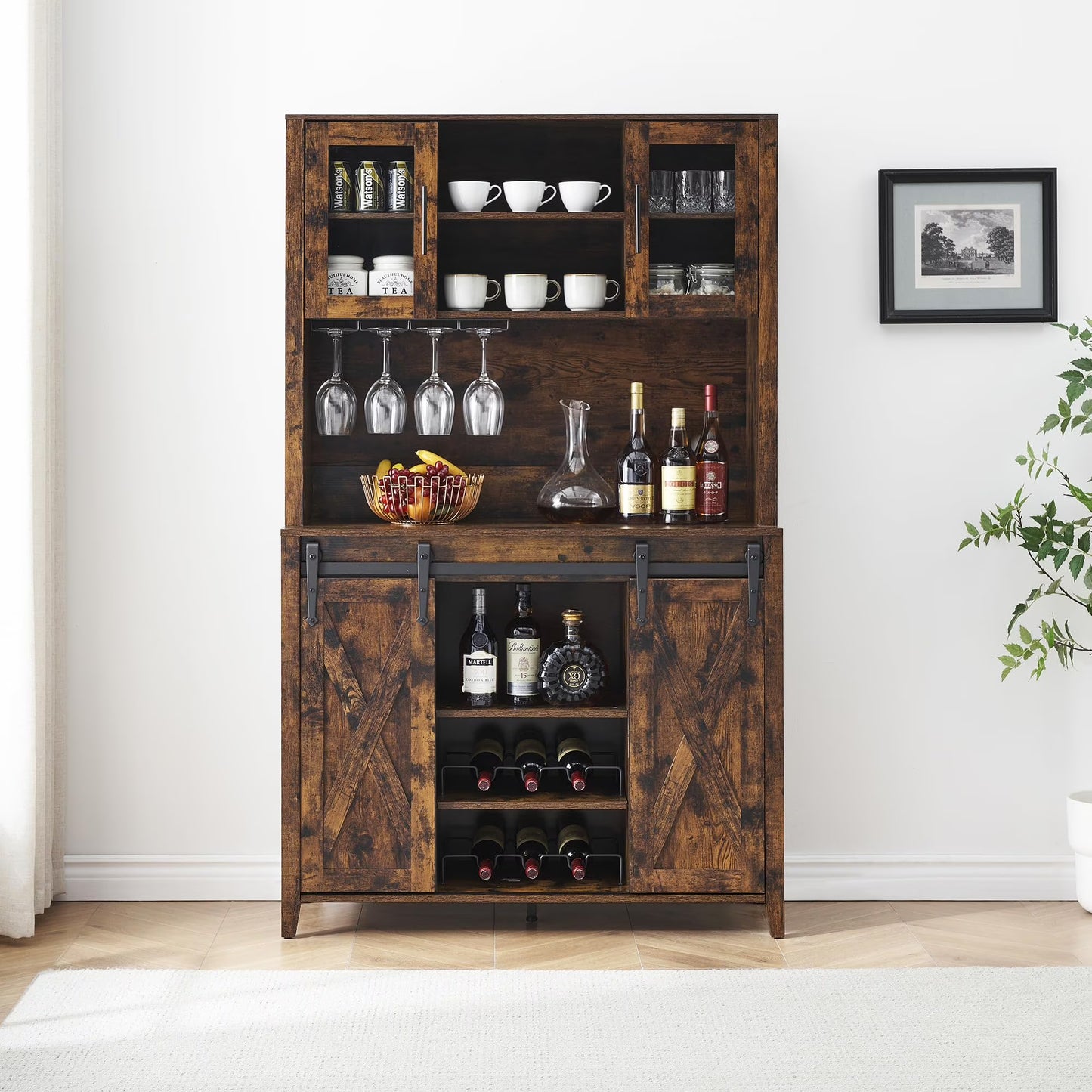 Faitaliicy Tall Farmhouse Bar Cabinet With Sliding Barn Door Rustic Buffet Cabinet Large Kitchen Buffet Liquor Cabinet With Wine And Glasses Rack Coffee Bar Sideboard Table For Kitchen Dining Room
