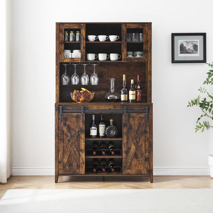 Faitaliicy Tall Farmhouse Bar Cabinet With Sliding Barn Door Rustic Buffet Cabinet Large Kitchen Buffet Liquor Cabinet With Wine And Glasses Rack Coffee Bar Sideboard Table For Kitchen Dining Room