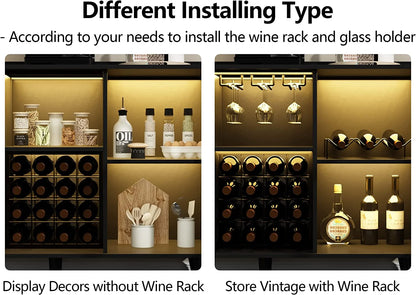 LED Wine Bar Cabinet, Home Coffee Bar Cabinet With Wine Racks and Glass Holders, Buffet Sideboard With Acrylic Doors and Drawer for Dining Room, Bar, Living Room, Black